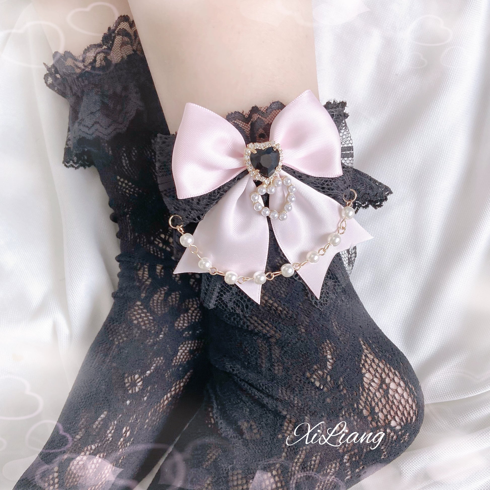 Jirai Kei Handmade Bow Pearl Heart Lolita Lace Socks 28904:326752
