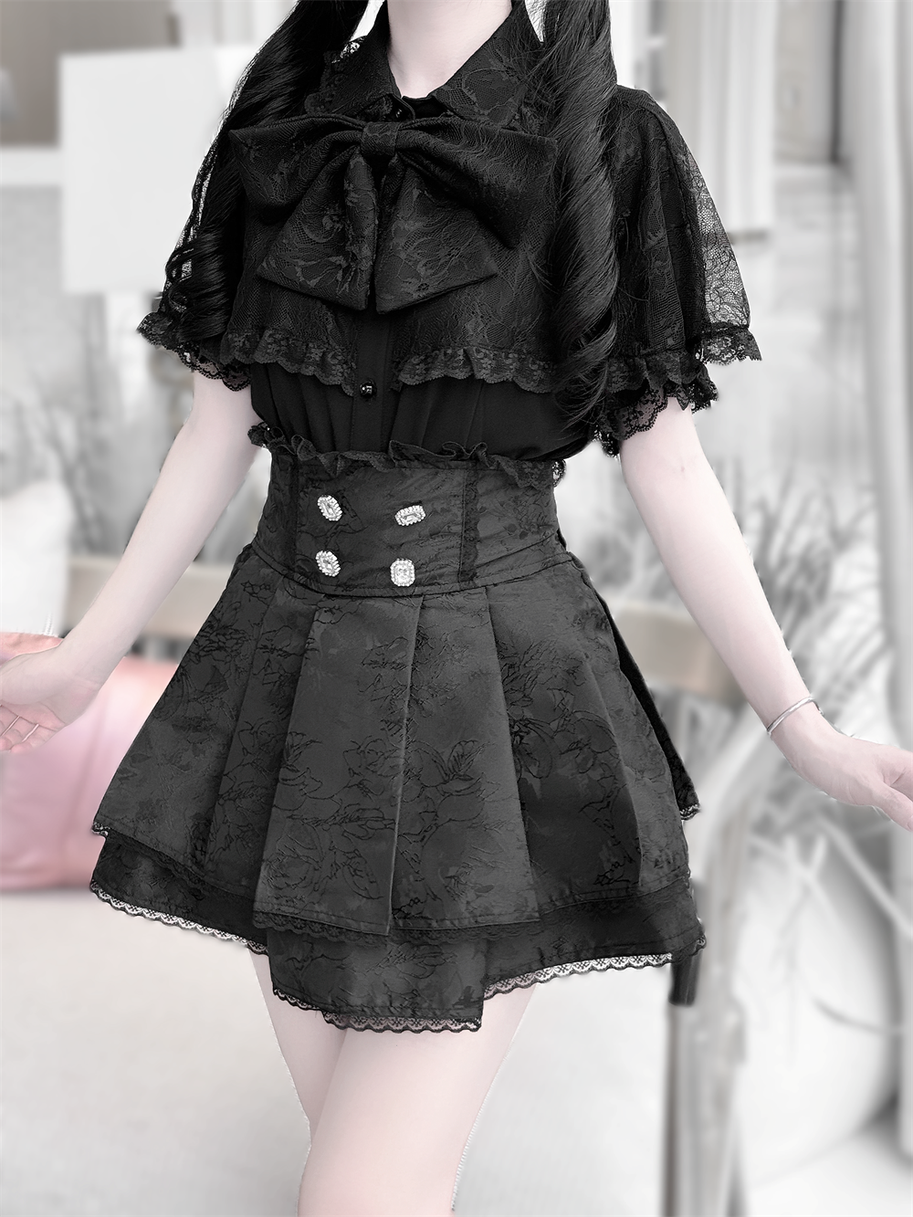 Lace Cape-Style Jirai Kei Blouse, Pleated Skirt (2XL L M S XL) 43556:779683
