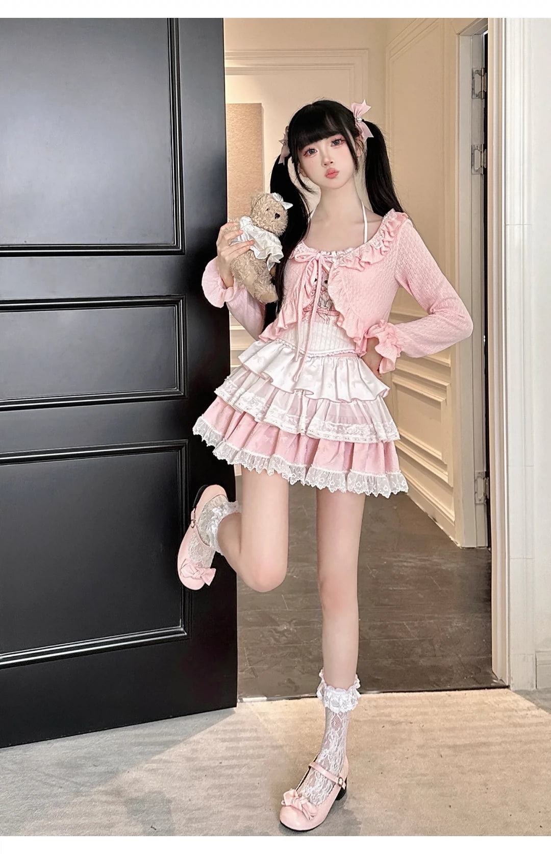 Ryousangata Skirt Set Pink Cardigan White Straps Top 37008:548370