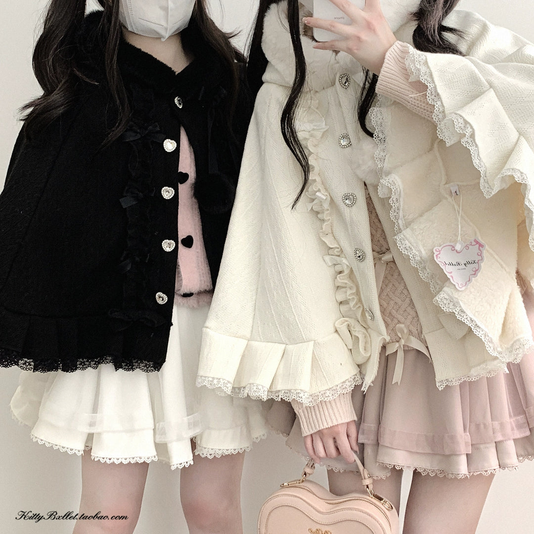 Jirai Kei Winter Coat Fleeced Cape Hooded Coat 40418:667230