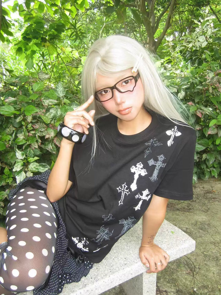 Cotton Subculture Cross Printed T-Shirt, Regular Shoulder 45696:859113
