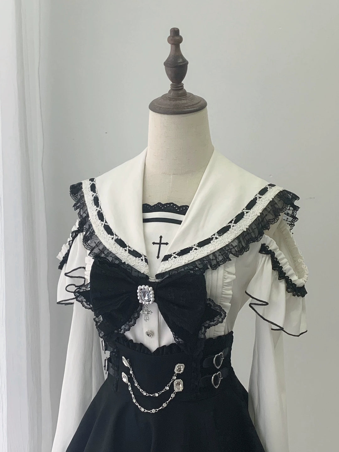 Lace Jirai Kei Sailor Collar Blouse, High Waist Skirt Set (L M S) 45626:859344