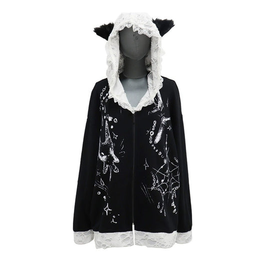 Black Blue Ripped Hoodie With Cat Ears 29452:347094