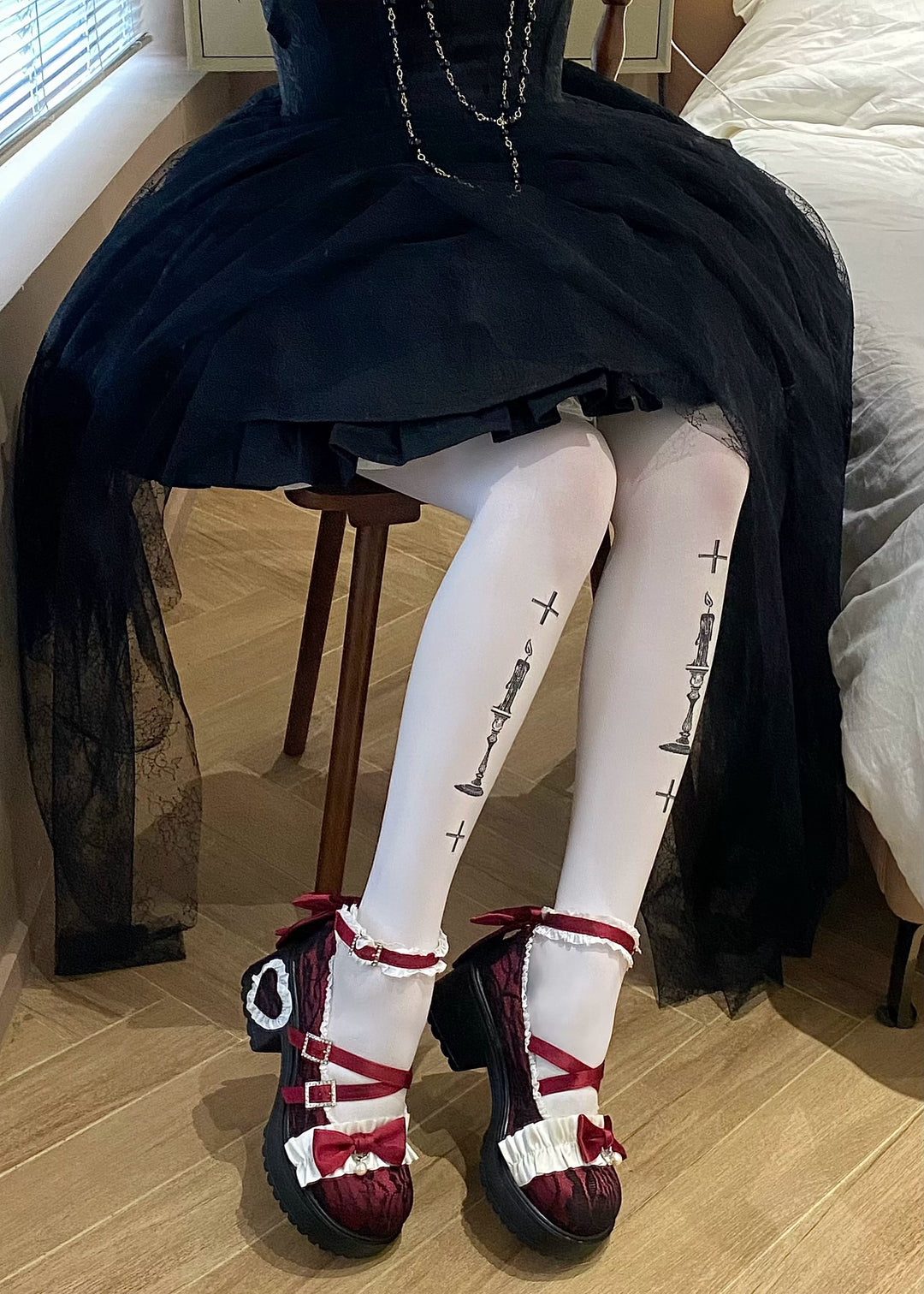 Classic Lolita Mary Jane Shoes, Lace Tulle & Ribbon Bow 46012:873461