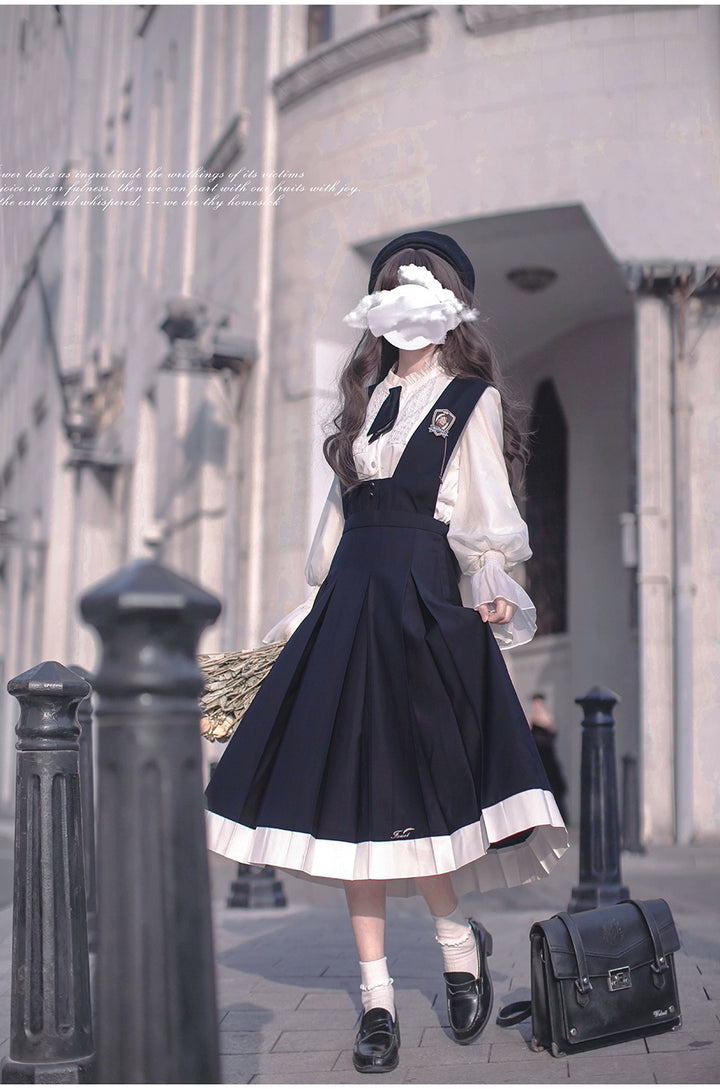 Navy Preppy Style Jumper Dress + Chiffon Blouse 41452:779238