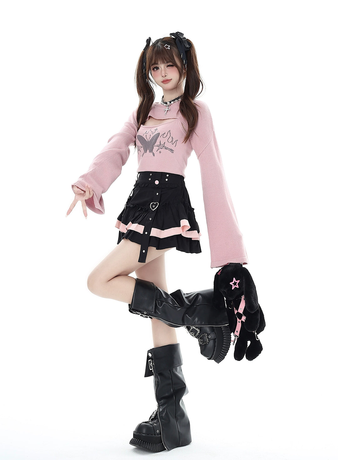 Gyaru Fashion Skirt Black Double-hem Skirt Heart Buckle Skirt 35792:577850