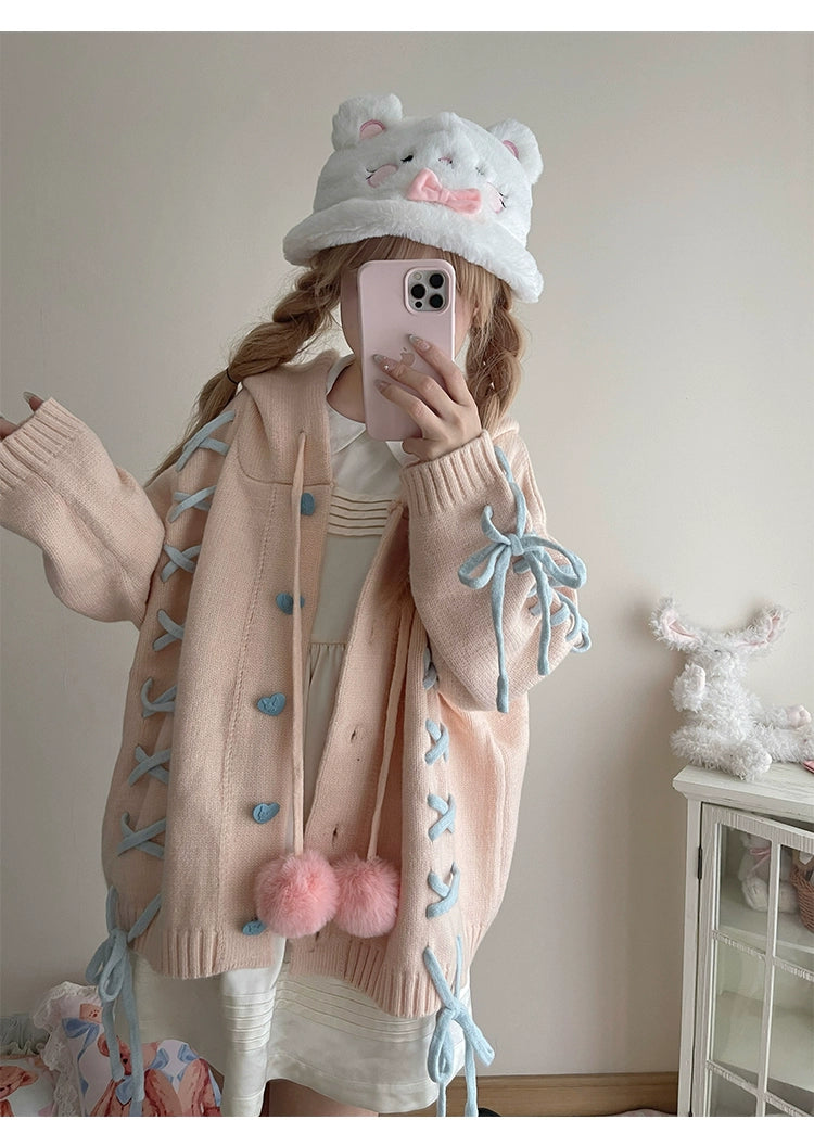 Kawaii White Pink Blue Cardigan Bunny Ears Sweater Coat 22658:345248 22658:345248