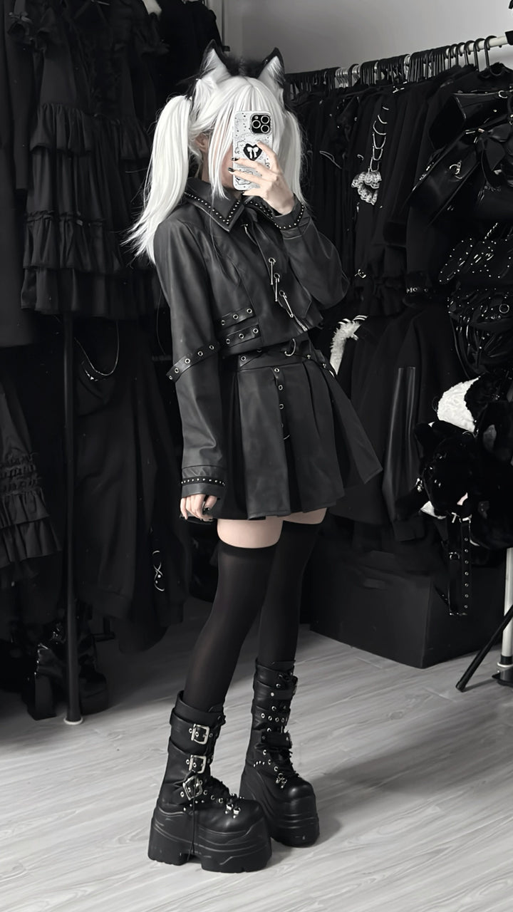 Punk Style PU Jacket, Pleated Skirt 44568:817828