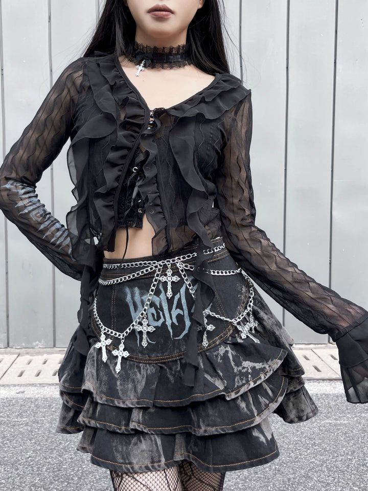 Gothic Puffy Skirt Subculture High Waist Denim Skirt 37472:560816 37472:560816