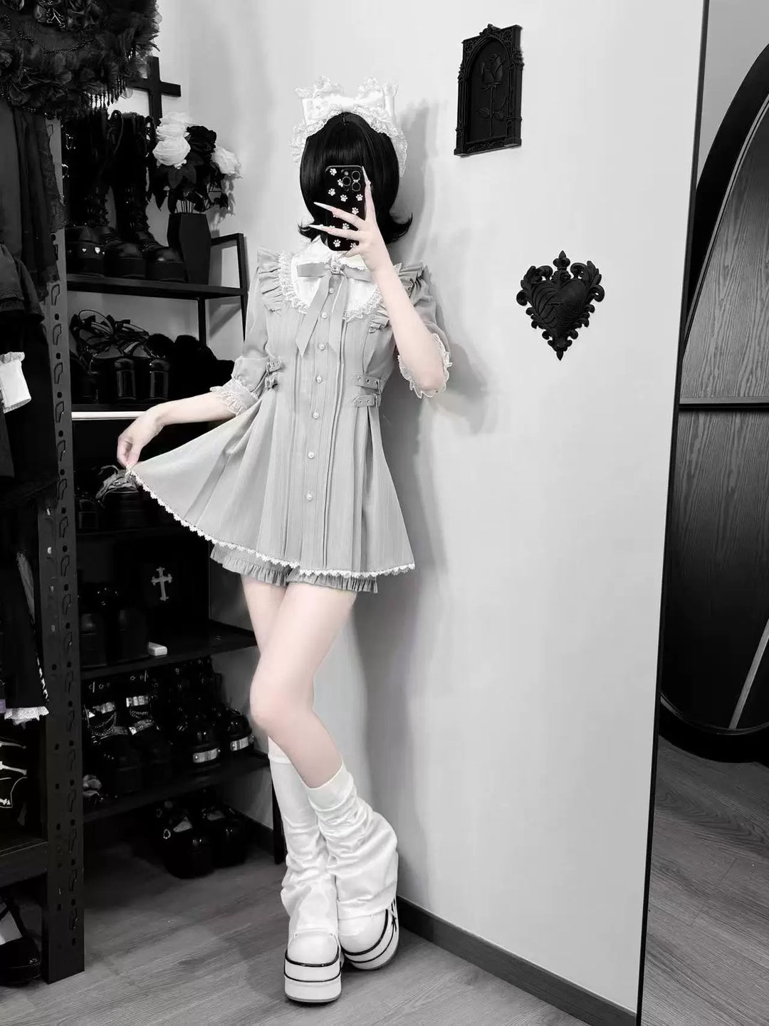 Jirai Kei Striped Dress, Lace Peter Pan Collar 45561:855073