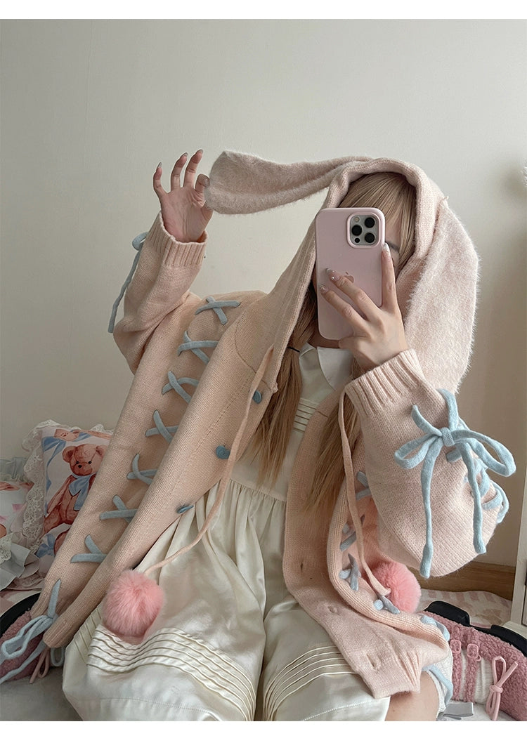 Kawaii White Pink Blue Cardigan Bunny Ears Sweater Coat 22658:345334 22658:345334