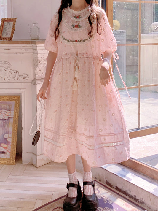 Mori Kei Dress Pink Floral Dress Short Sleeve Dress 36208:523630