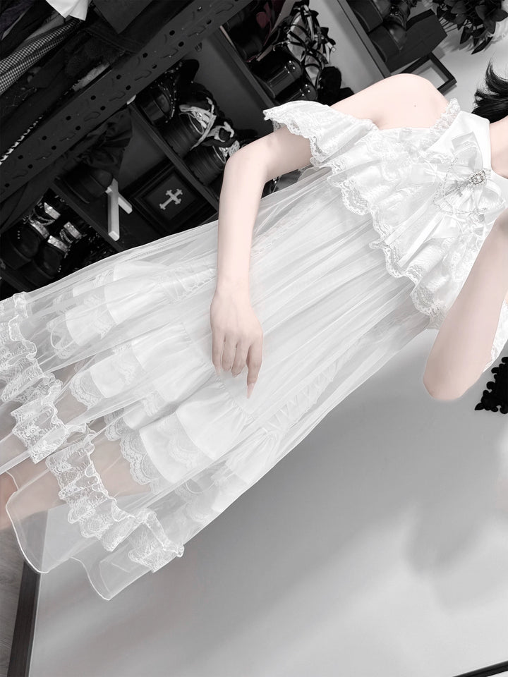 White Lace Open Shoulder Dress, Voile Outer Layered 45423:850588