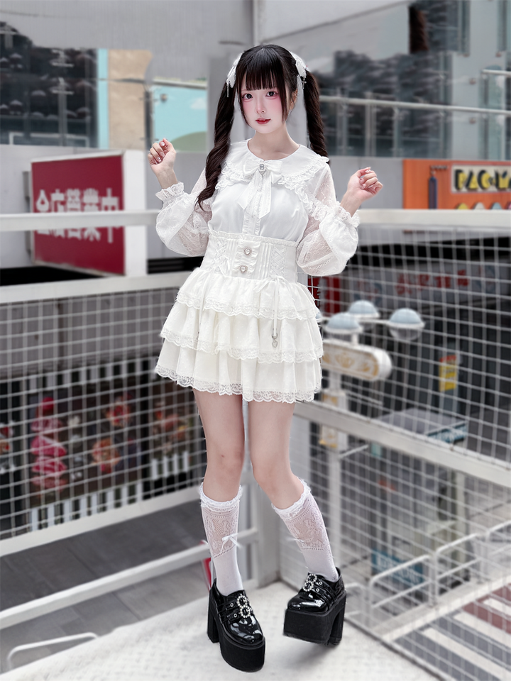 Ryousangata White Lace Blouse & High Waist Skirt 45579:853614