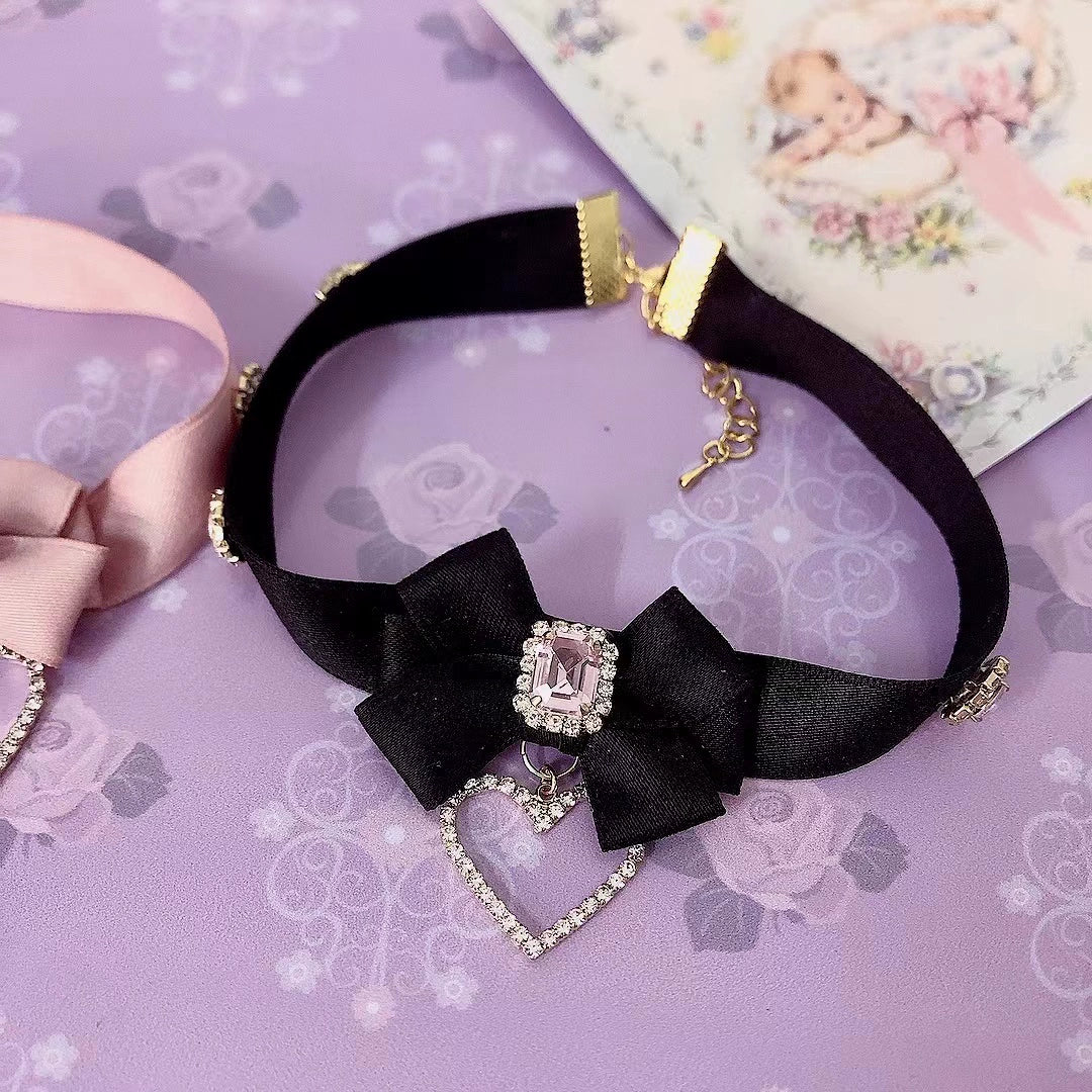 Jirai Kei Pink Black Bow Rhinestone Necklace Choker (Black) 21762:313070