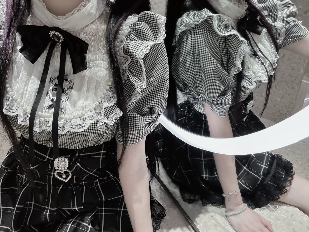 Puff Short-Sleeved Jirai Kei Blouse, Lace Pearl Decor 43616:781763