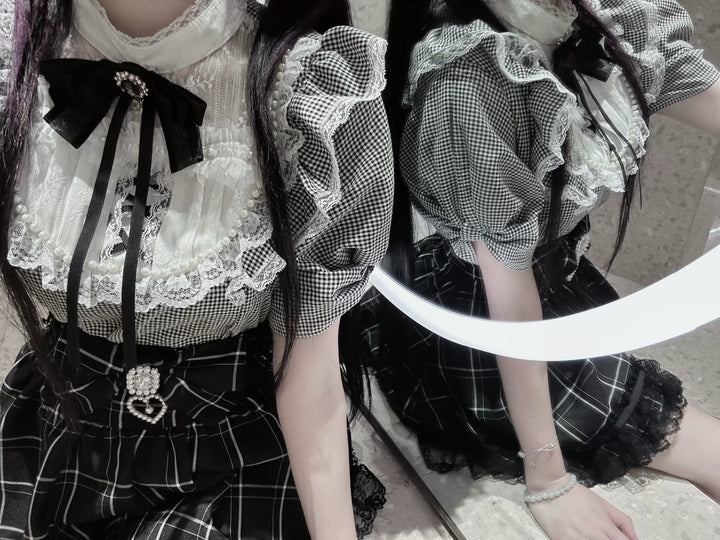 Puff Short-Sleeved Jirai Kei Blouse, Lace Pearl Decor 43616:781763