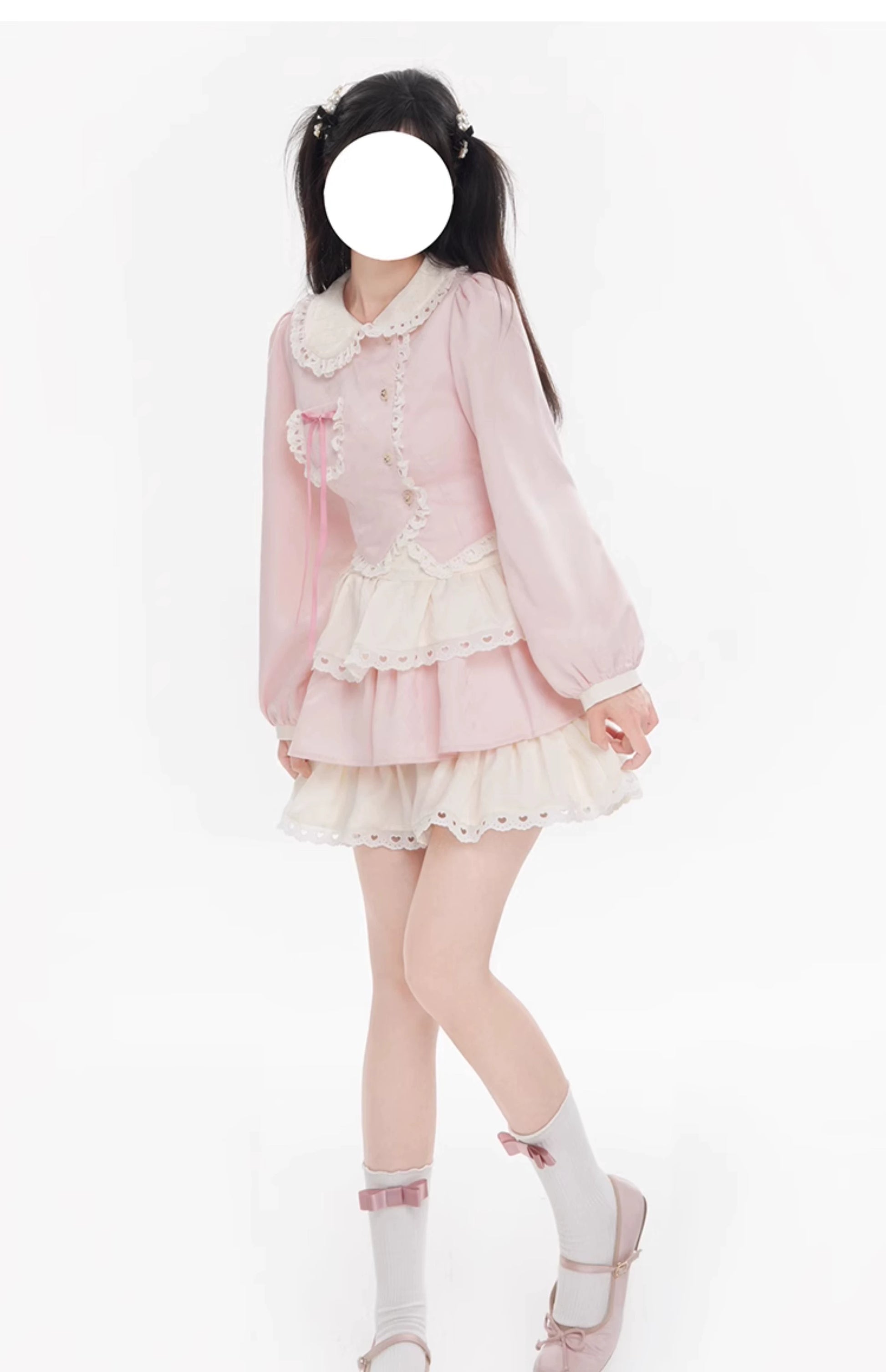 Kawaii Pink Outfit Set Sweet Tiered Skirt Set 37546:576784