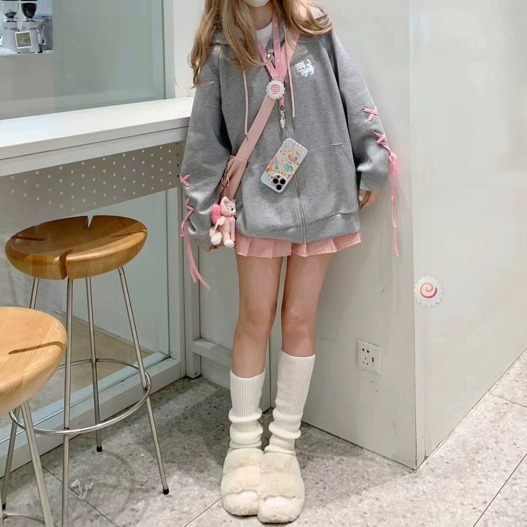 Kawaii Coat Cat Ear Hood Grey Jacket With Pink Ribbons 39708:637846