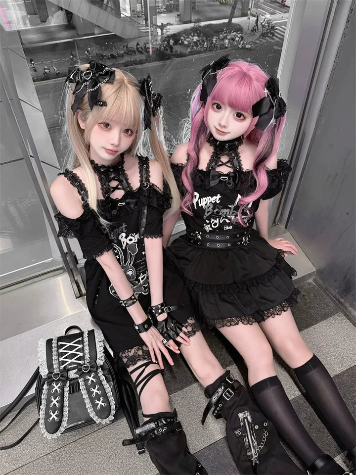 Halter Neck Punk Bunny Print T-shirt, Layered Star Skirt 45361:851443