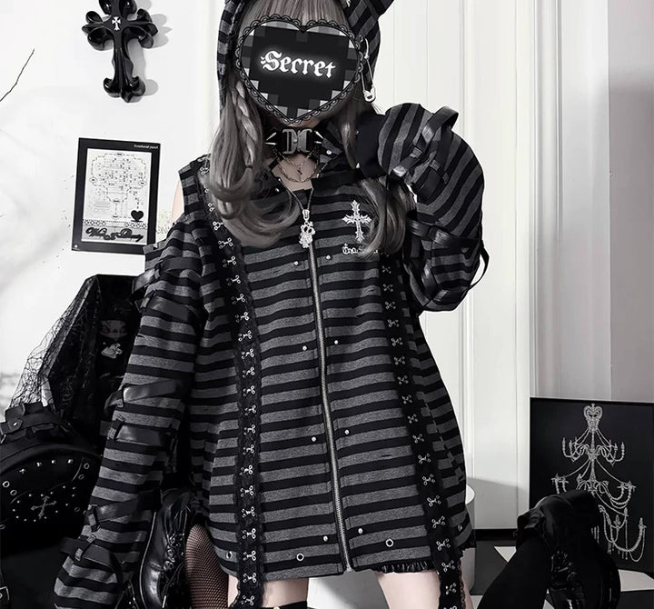 Gothic Open-Shoulder Hoodie Jacket with Devil Horns 46063:875379