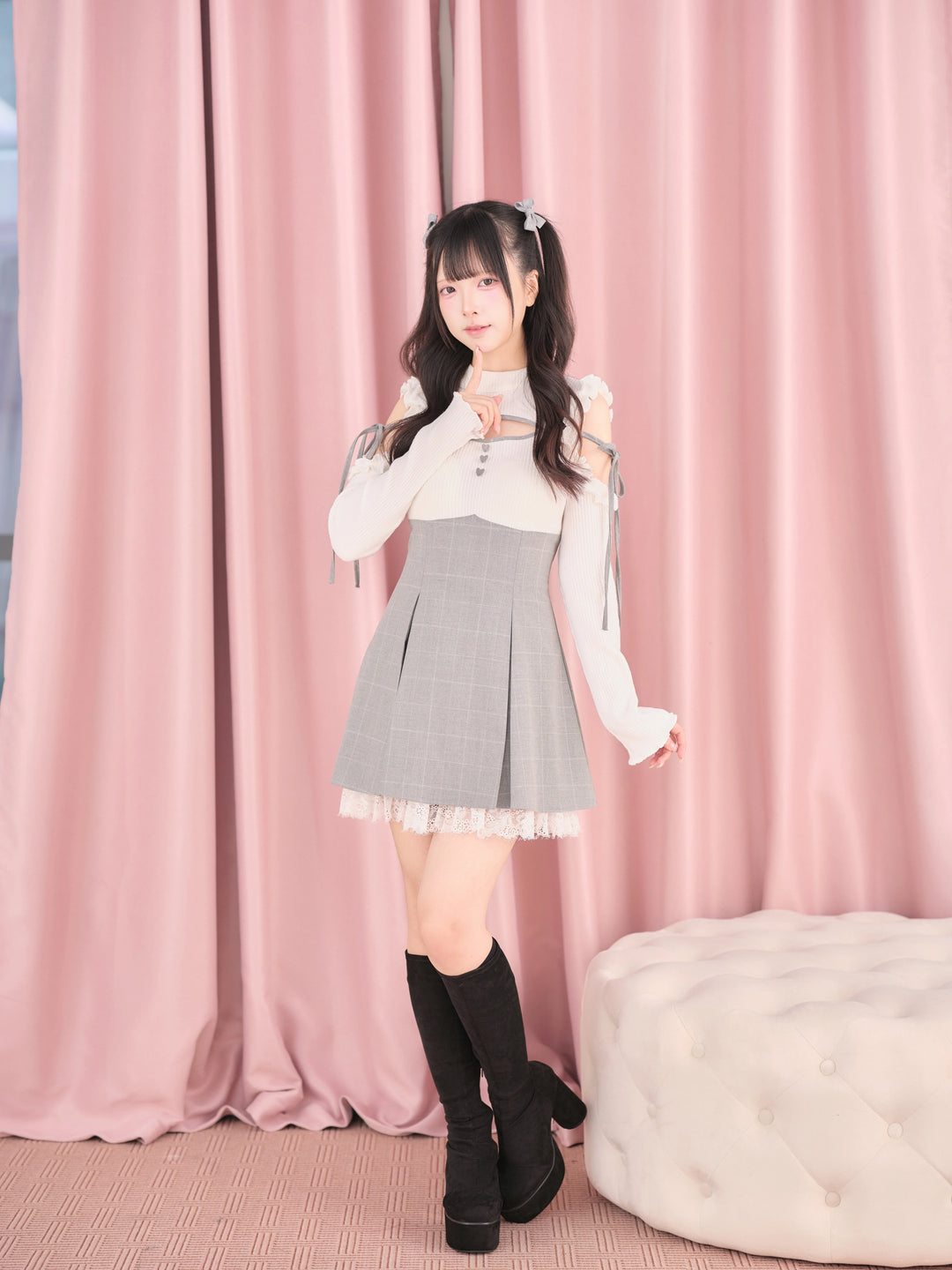 Jirai Kei Open Shoulder Plaid Dress, Chest Cutout 45957:869837