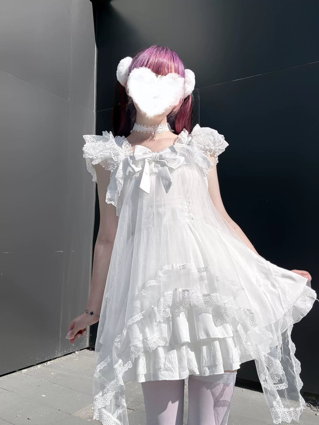 Jirai Kei Solid Color Cami Dress, Irregular Tulle Overlay 45804:865934