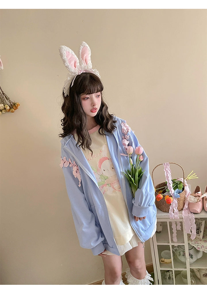 Pastel Oversized Hoodie Blue Apricot Bunny Ears Sweatershirt 22656:344314 22656:344314