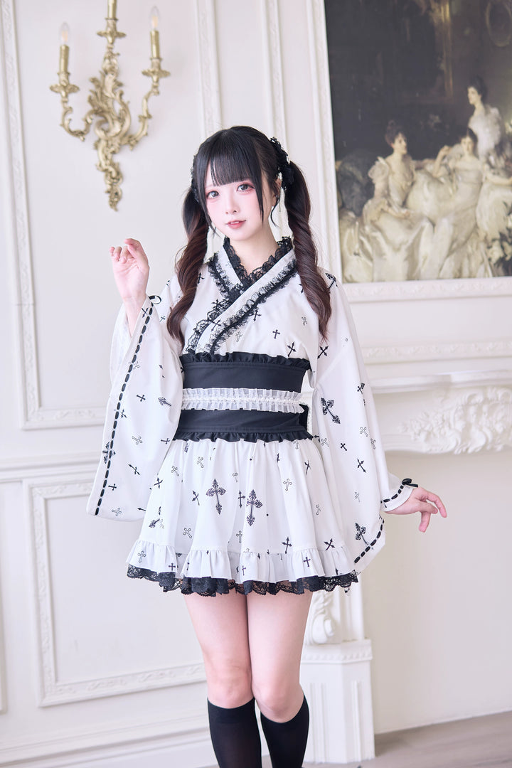 Wa-Style Jirai Kei Kimono Blouse + Ruffle SKirt + Wide Obi Belt (M S) 42799:765964