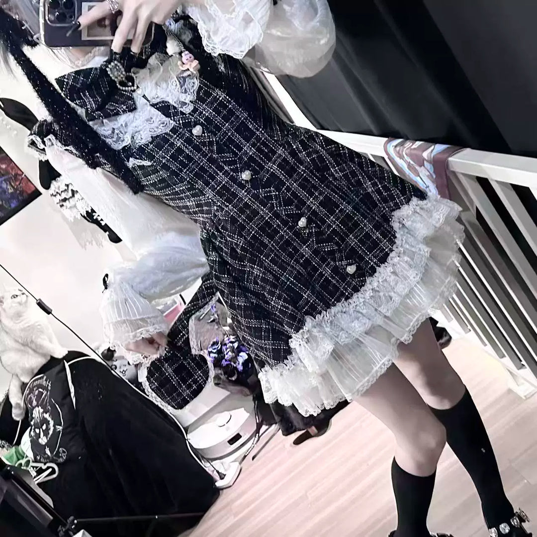 Jirai Kei Plaid Dress Set, Petal-Shaped Lace Hem 44765:825644