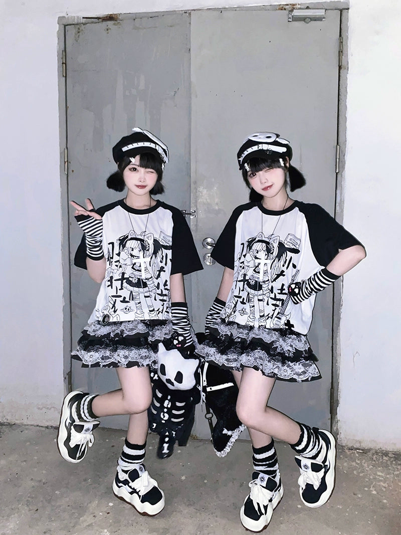 Subculture Shirt Black White Raglan Sleeve T-shirt Anime Top 37742:579318