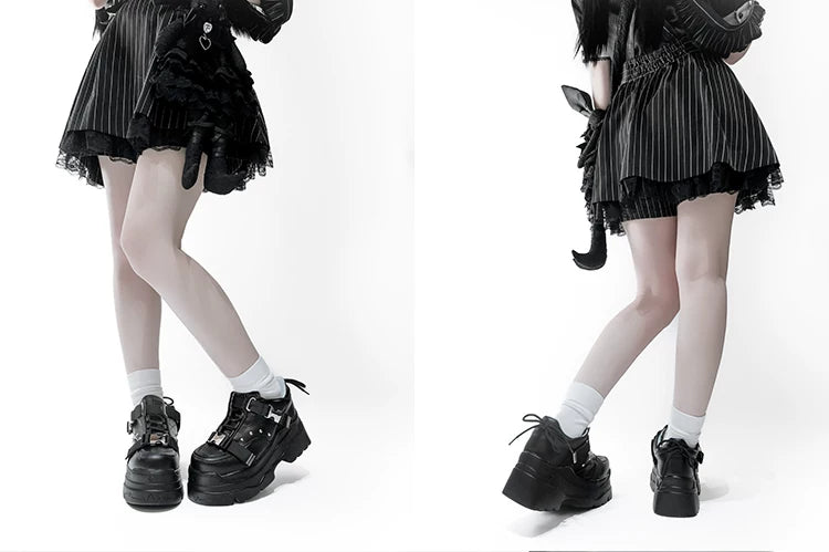 White/Black Punk High Platform Shoes, Metal Buckles 44400:807738