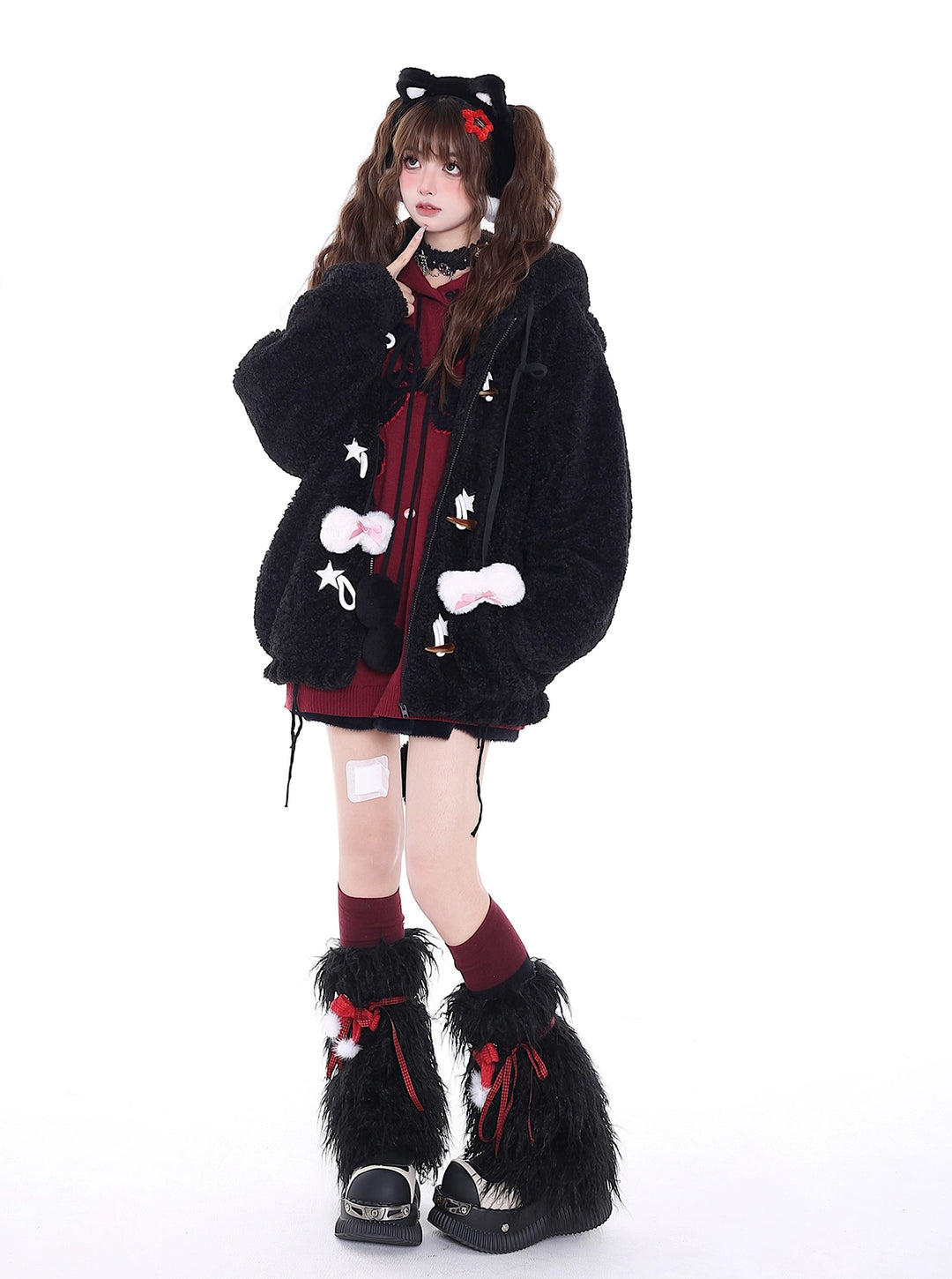 Yami Kawaii Sweater Bow Black Red Hoodie Detachable Collar 39556:639636