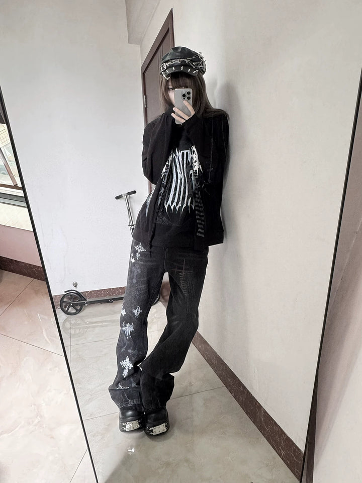 Punk Slight-flare Jeans, Varied Cross Prints 45698:859546