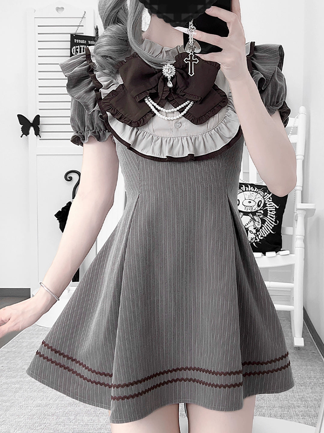 Striped Jirai Kei Dress,Thigh Length, Detachable Bowtie 43574:780062