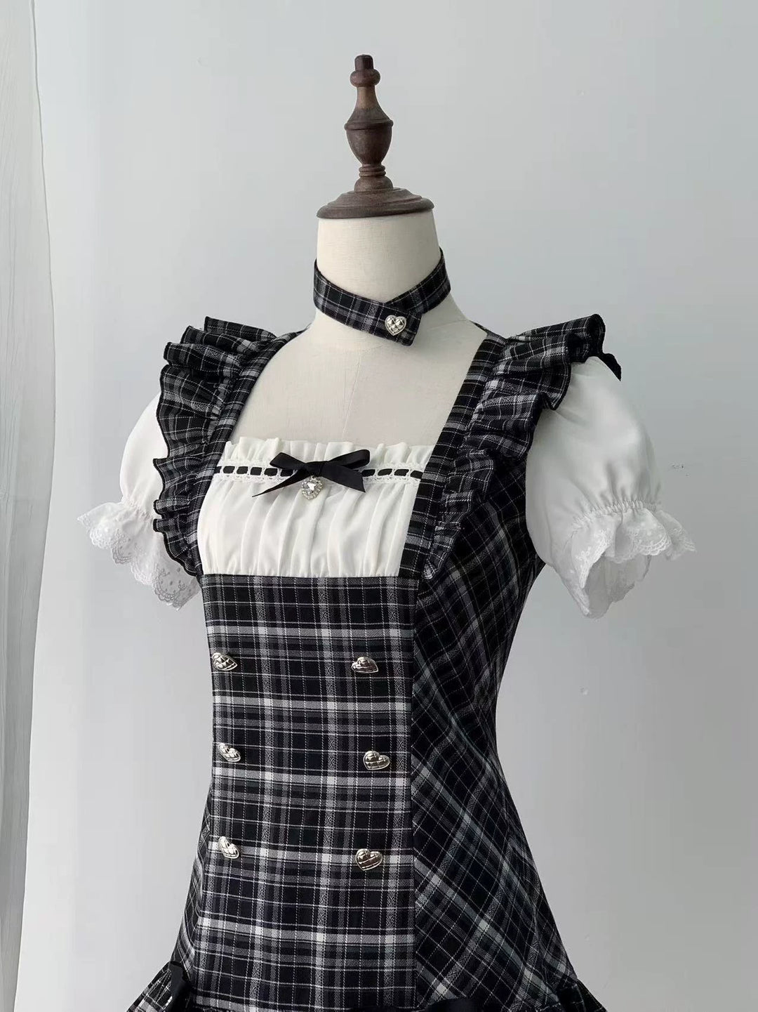 Jirai Kei Black Plaid Dress Set, Heart-Shaped Rhinestone (L M S) 45004:834484