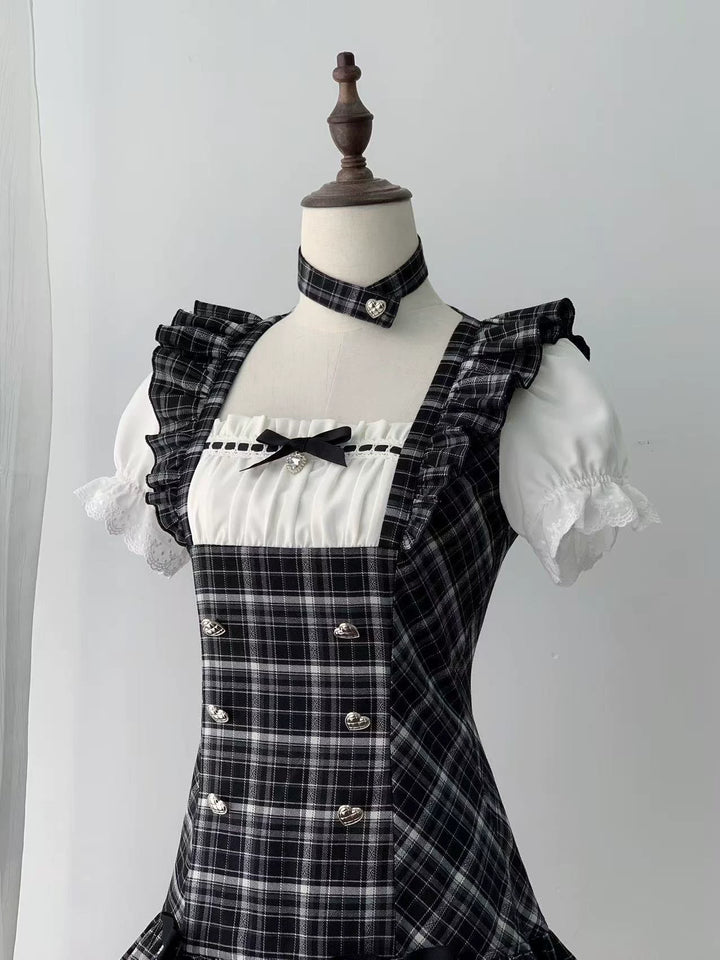 Jirai Kei Black Plaid Dress Set, Heart-Shaped Rhinestone (L M S) 45004:834484