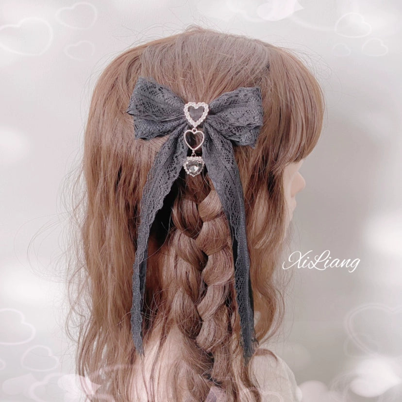 Handmade Lolita Hair Clip Black Lace Bow Rhinestone Hairpins 28906:358440