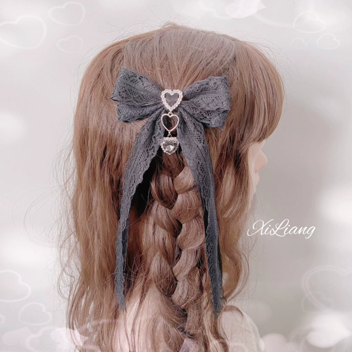 Handmade Lolita Hair Clip Black Lace Bow Rhinestone Hairpins 28906:358440 28906:358440