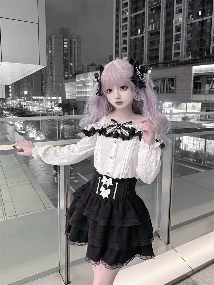 Jirai Kei Off Shoulder Blouse, Lace Layered Skirt 45576:856326
