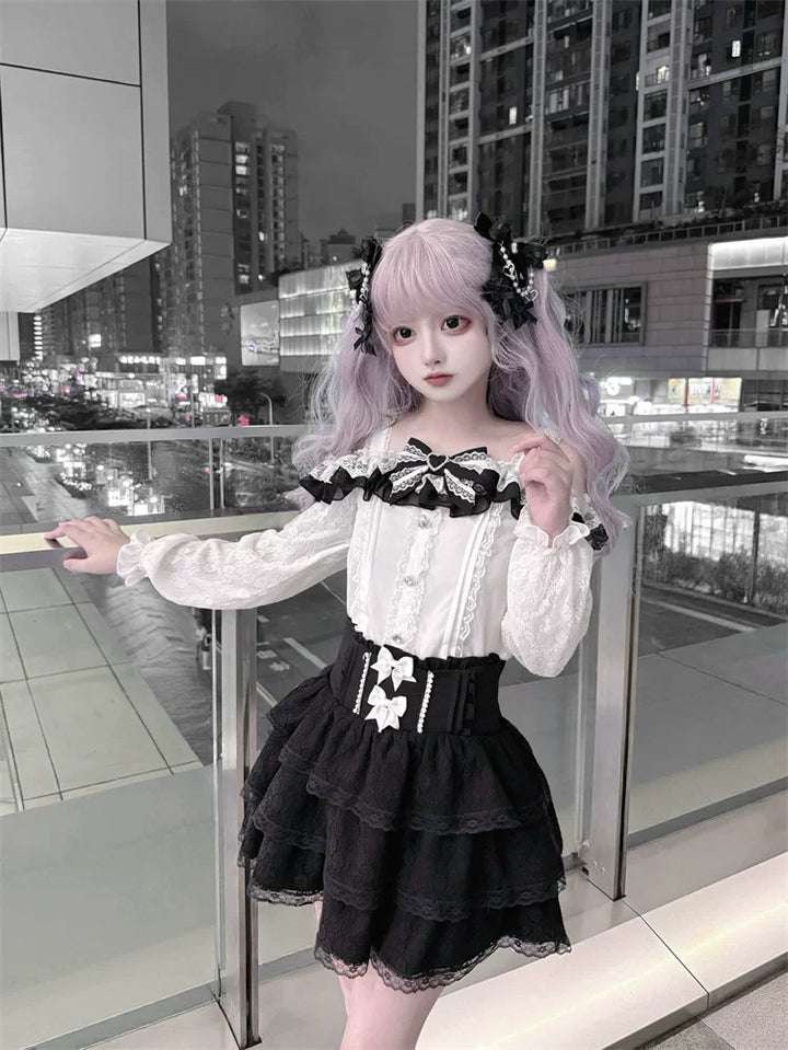 Jirai Kei Off Shoulder Blouse, Lace Layered Skirt 45576:856326