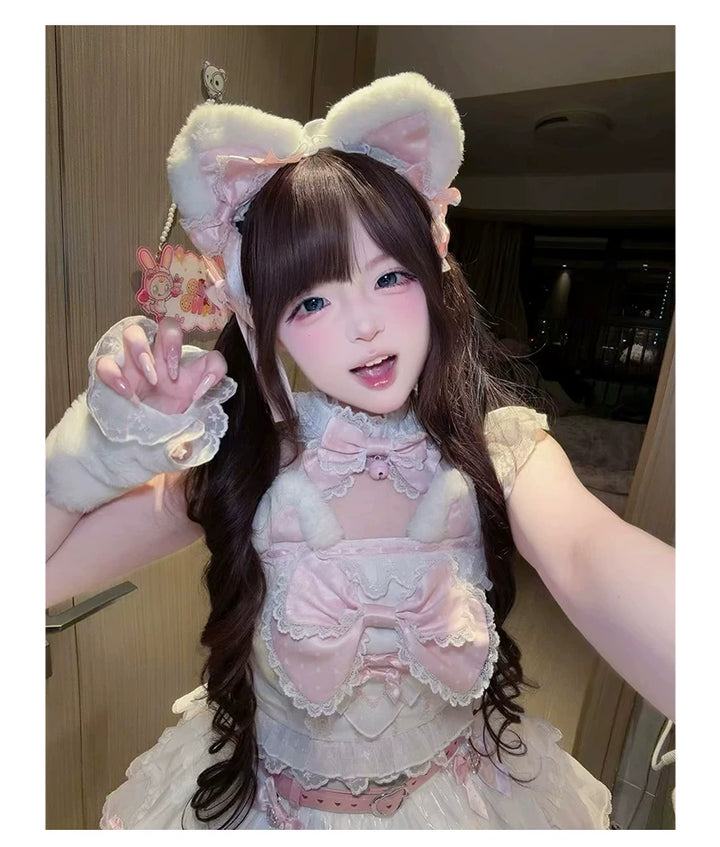 Kawaii Lolita Tiered Skirt Set, Cat Ears & Polka Dot Bow 44958:837101