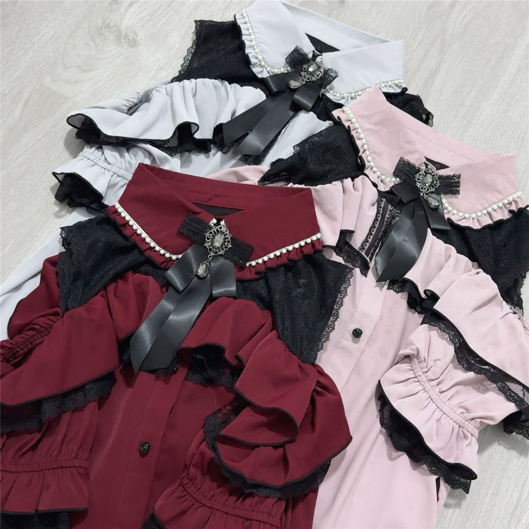 Jirai Kei Shirt with Bust Flounce Hem/Hidden Button 43035:762540