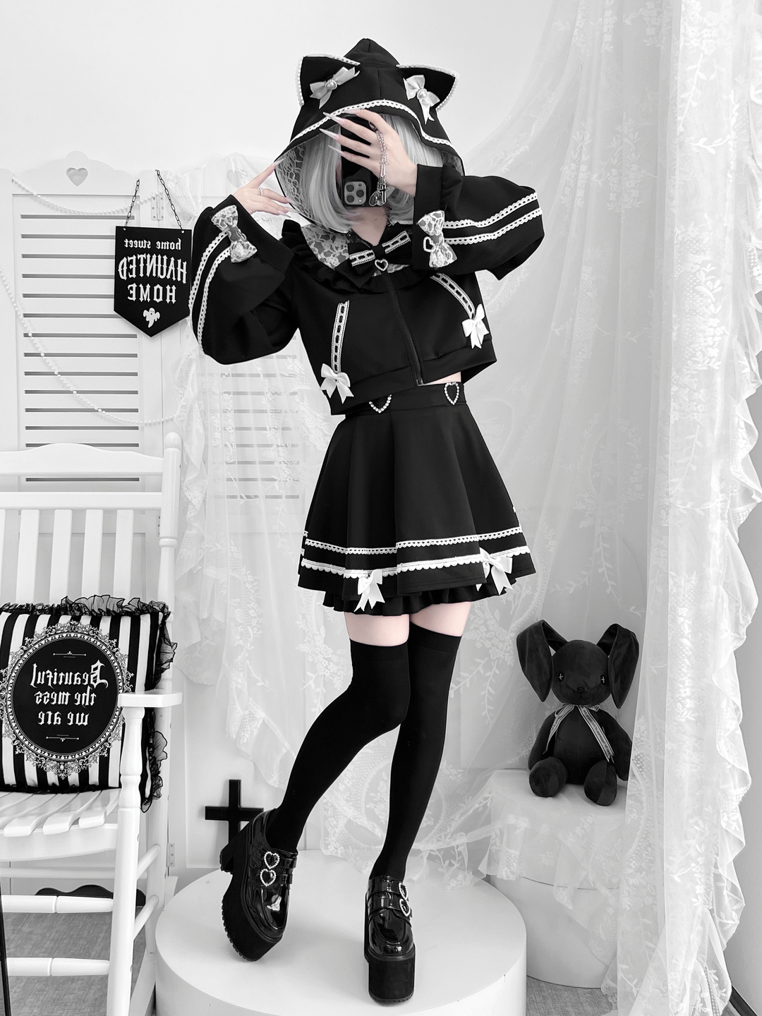 Cat Ear Jirai Kei Zip-Up Hoodie, Pleated Skirt 43809:786285