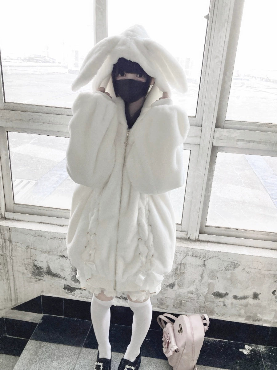 White Jirai Kei Plush Coat Ryousangata Ribbon Bowknot Jacket 33306:446262 33306:446262