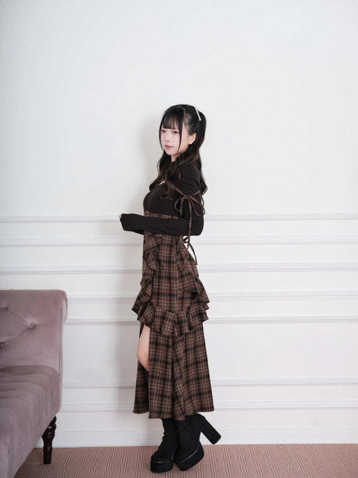 Jirai Kei Plaid Dress, Chest Cutout & Flounce Slit Hem 45956:869349