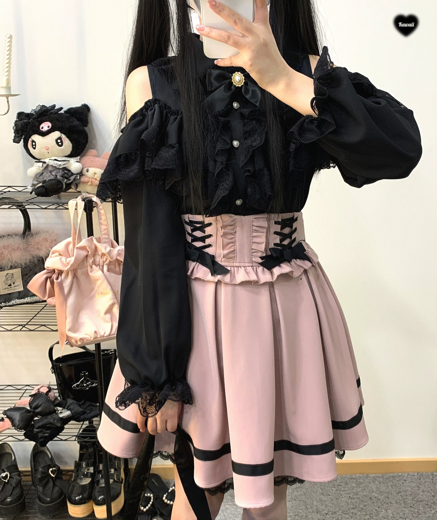 Jirai Kei Skirt High Waist Lace Up Skirt With Bow Tie 31860:396624