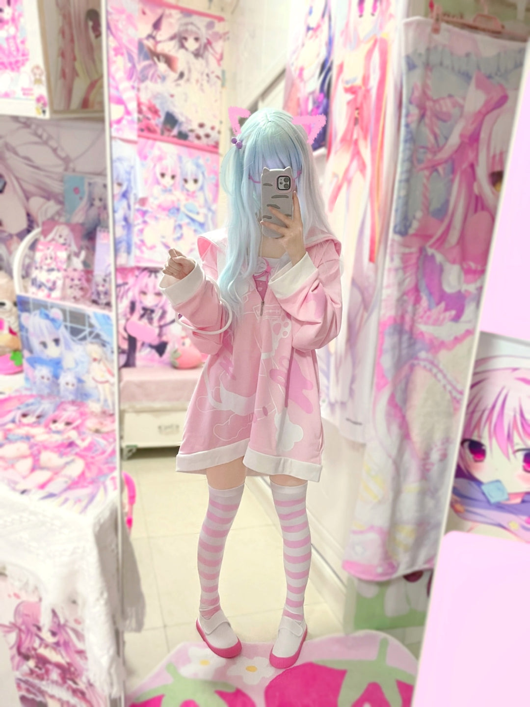 Jirai Kei Bicolor Coat Cat Ears Sailor Collar Printed Coat 33316:443918 33316:443918