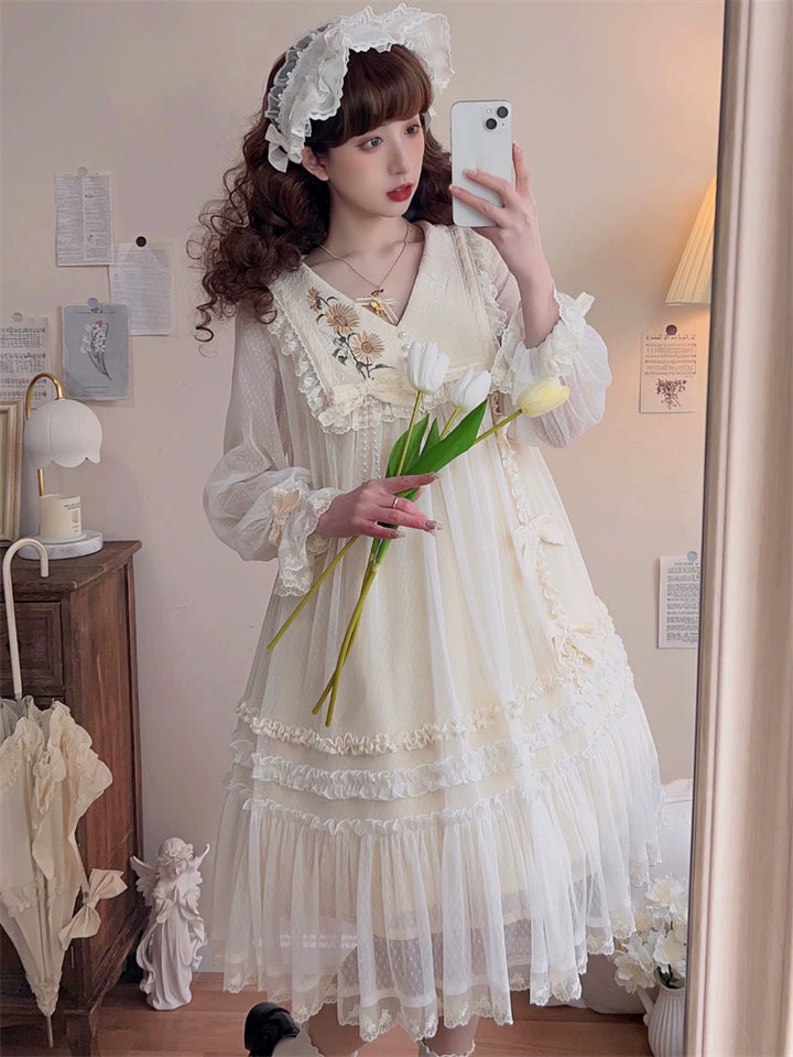 Sunflower Daily Lolita Dress Mori Kei Dress Long Sleeve Dress 36478:552262 36478:552262