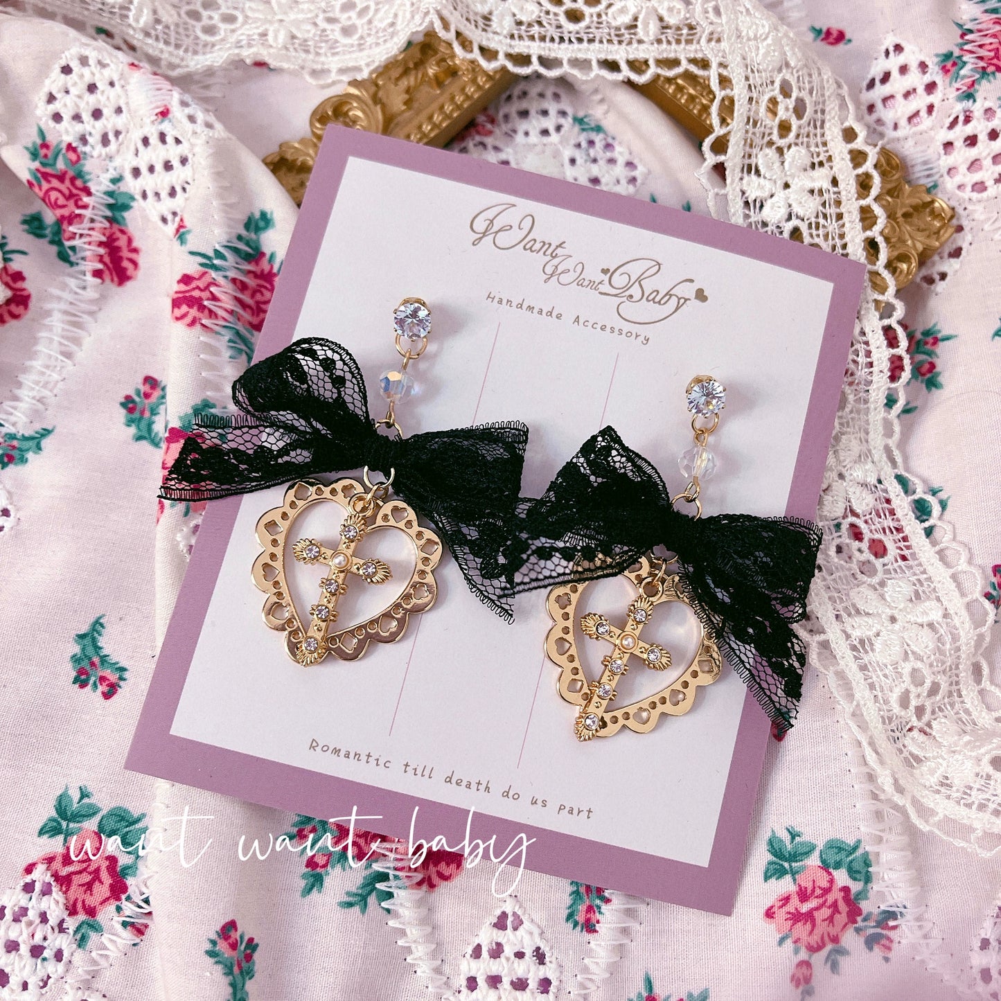 Jirai Kei Earrings Pink Black Lace Heart Cross Studs 35632:543650